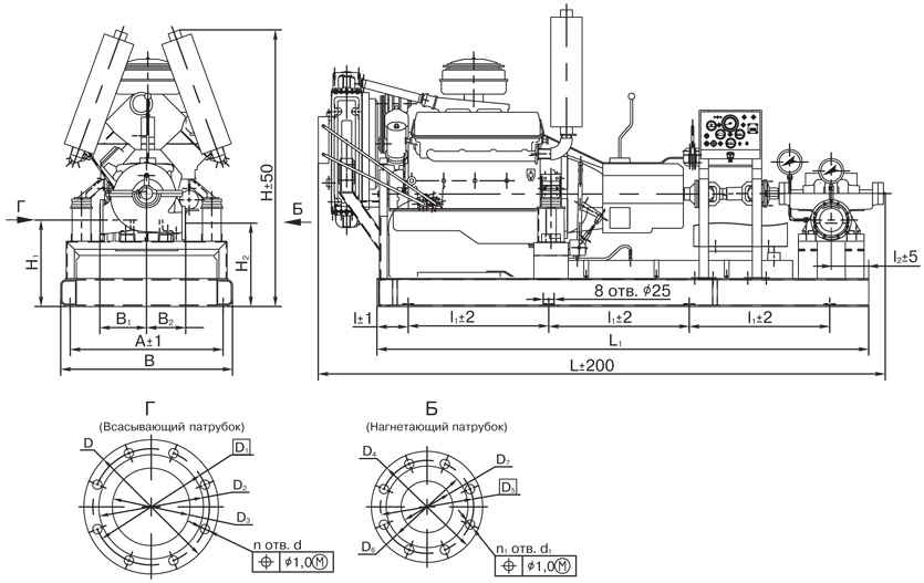 Компоновочная схема, размеры дизельных насосных станций (ДНУ) на базе насосов Д, 1Д, 2Д